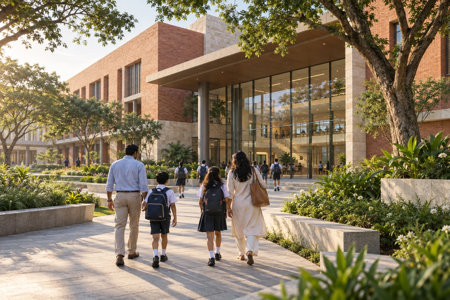 Illustrative contemporary school campus with students and families