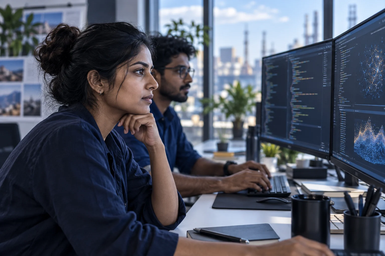 Illustrative software engineers reviewing their work